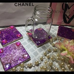 Purple pink gold glitter tile gem heart coasters